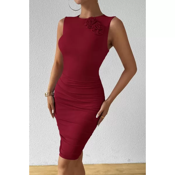 PRETTYGARDEN Womens 2024 Summer Mini Dress Sleeveless Bodycon Ruched Mesh 3D Flower Elegant Cocktail Party Short DressesWine Red
