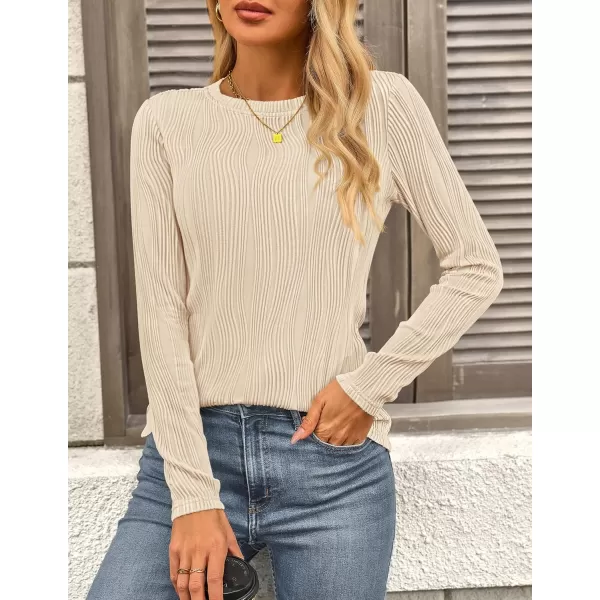 PRETTYGARDEN Womens Basic Plain Tee Shirts Fall Long Sleeve Crewneck Textured Dressy Casual Blouse TopsApricot Pink