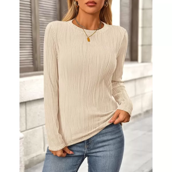 PRETTYGARDEN Womens Basic Plain Tee Shirts Fall Long Sleeve Crewneck Textured Dressy Casual Blouse TopsApricot Pink