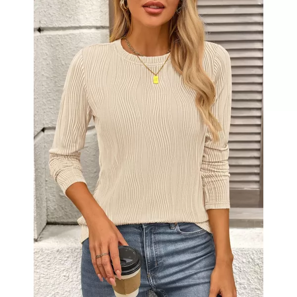PRETTYGARDEN Womens Basic Plain Tee Shirts Fall Long Sleeve Crewneck Textured Dressy Casual Blouse TopsApricot Pink