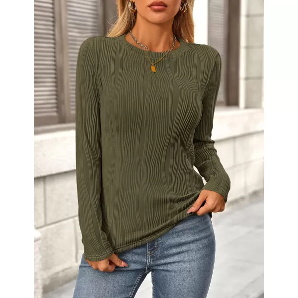 PRETTYGARDEN Womens Basic Plain Tee Shirts Fall Long Sleeve Crewneck Textured Dressy Casual Blouse TopsArmy Green