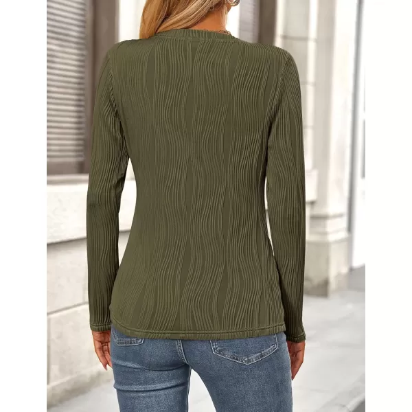 PRETTYGARDEN Womens Basic Plain Tee Shirts Fall Long Sleeve Crewneck Textured Dressy Casual Blouse TopsArmy Green