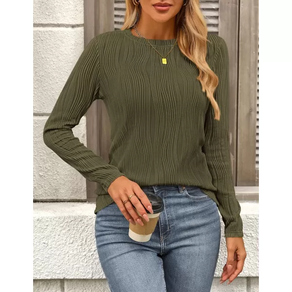 PRETTYGARDEN Womens Basic Plain Tee Shirts Fall Long Sleeve Crewneck Textured Dressy Casual Blouse TopsArmy Green