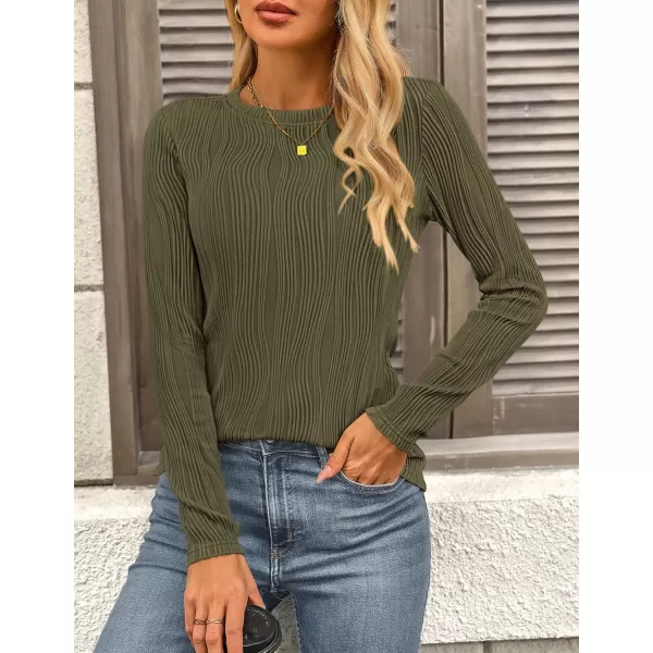 PRETTYGARDEN Womens Basic Plain Tee Shirts Fall Long Sleeve Crewneck Textured Dressy Casual Blouse TopsArmy Green