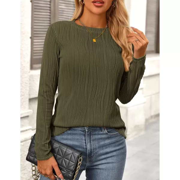 PRETTYGARDEN Womens Basic Plain Tee Shirts Fall Long Sleeve Crewneck Textured Dressy Casual Blouse TopsArmy Green