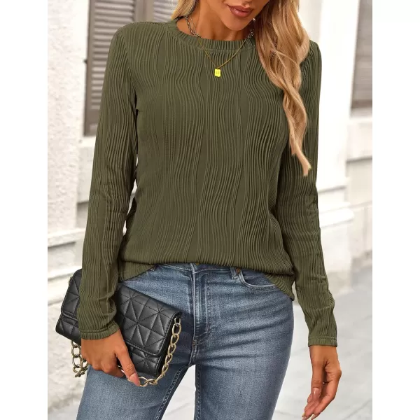 PRETTYGARDEN Womens Basic Plain Tee Shirts Fall Long Sleeve Crewneck Textured Dressy Casual Blouse TopsArmy Green