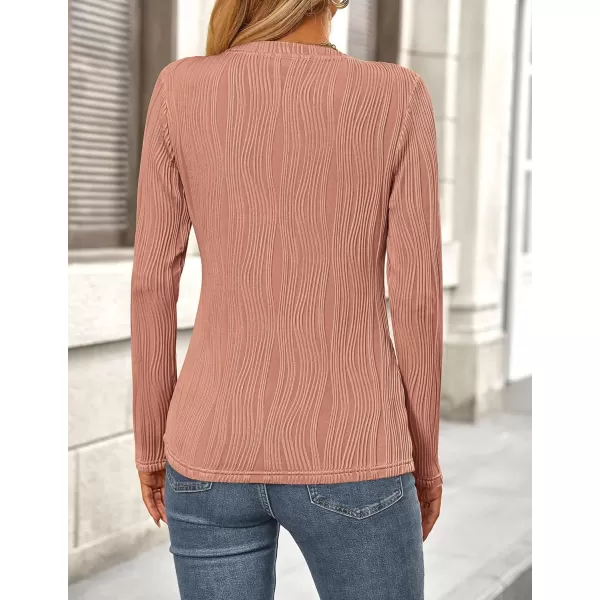 PRETTYGARDEN Womens Basic Plain Tee Shirts Fall Long Sleeve Crewneck Textured Dressy Casual Blouse TopsBean Paste Pink