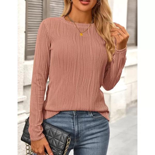 PRETTYGARDEN Womens Basic Plain Tee Shirts Fall Long Sleeve Crewneck Textured Dressy Casual Blouse TopsBean Paste Pink