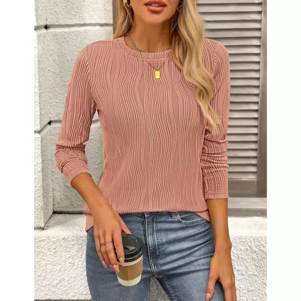 PRETTYGARDEN Womens Basic Plain Tee Shirts Fall Long Sleeve Crewneck Textured Dressy Casual Blouse TopsBean Paste Pink