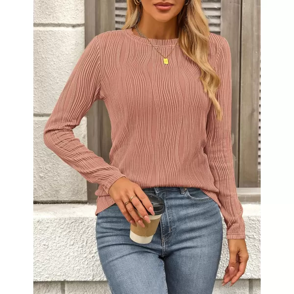 PRETTYGARDEN Womens Basic Plain Tee Shirts Fall Long Sleeve Crewneck Textured Dressy Casual Blouse TopsBean Paste Pink