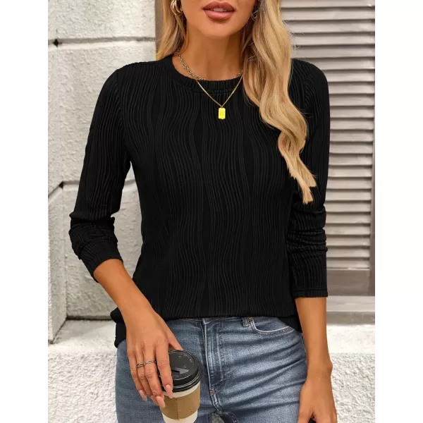 PRETTYGARDEN Womens Basic Plain Tee Shirts Fall Long Sleeve Crewneck Textured Dressy Casual Blouse TopsBlack