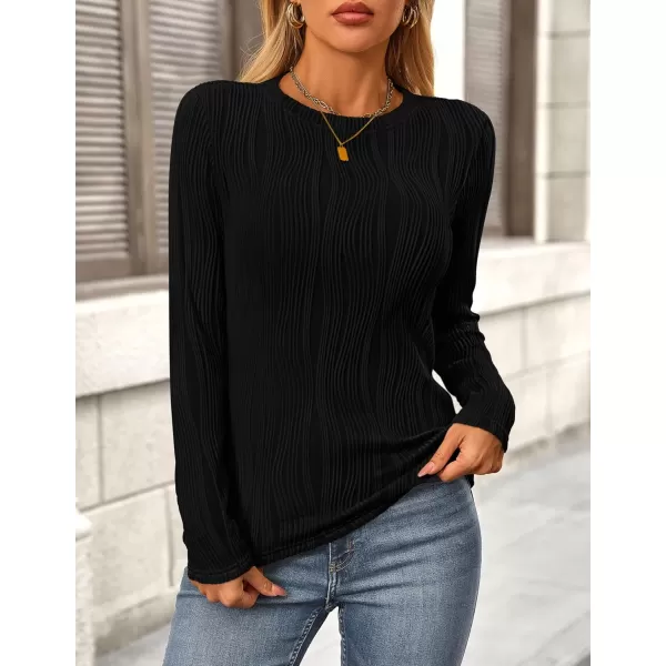 PRETTYGARDEN Womens Basic Plain Tee Shirts Fall Long Sleeve Crewneck Textured Dressy Casual Blouse TopsBlack