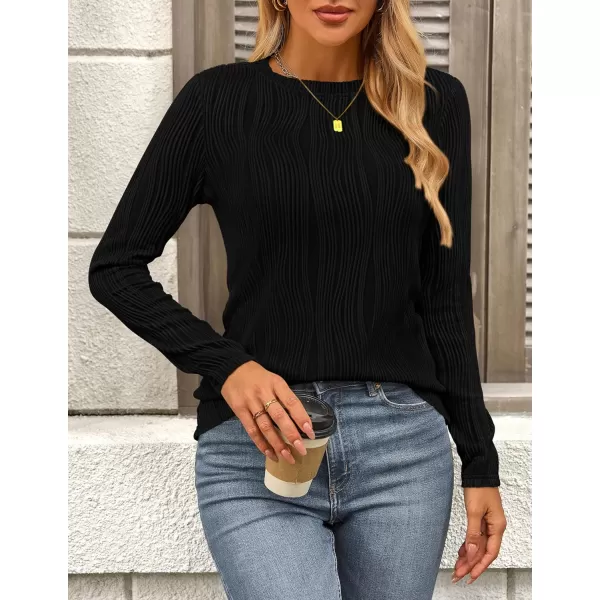 PRETTYGARDEN Womens Basic Plain Tee Shirts Fall Long Sleeve Crewneck Textured Dressy Casual Blouse TopsBlack