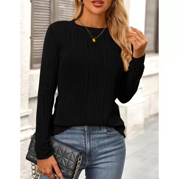 PRETTYGARDEN Womens Basic Plain Tee Shirts Fall Long Sleeve Crewneck Textured Dressy Casual Blouse TopsBlack