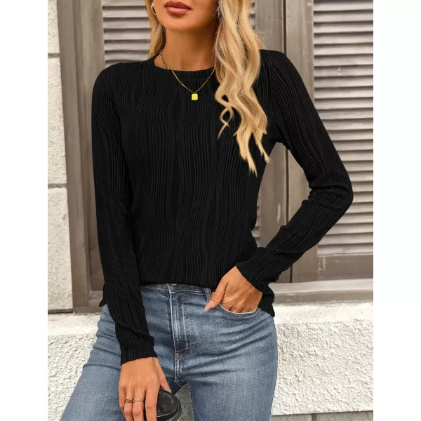 PRETTYGARDEN Womens Basic Plain Tee Shirts Fall Long Sleeve Crewneck Textured Dressy Casual Blouse TopsBlack