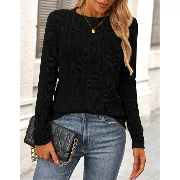 PRETTYGARDEN Womens Basic Plain Tee Shirts Fall Long Sleeve Crewneck Textured Dressy Casual Blouse TopsBlack