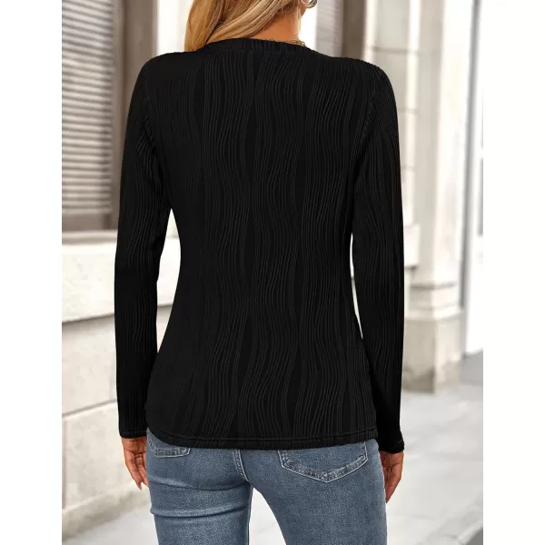 PRETTYGARDEN Womens Basic Plain Tee Shirts Fall Long Sleeve Crewneck Textured Dressy Casual Blouse TopsBlack