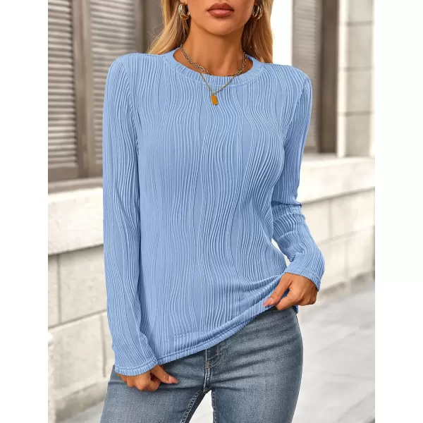 PRETTYGARDEN Womens Basic Plain Tee Shirts Fall Long Sleeve Crewneck Textured Dressy Casual Blouse TopsBlue Grey