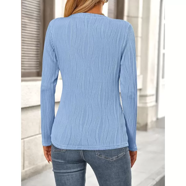 PRETTYGARDEN Womens Basic Plain Tee Shirts Fall Long Sleeve Crewneck Textured Dressy Casual Blouse TopsBlue Grey