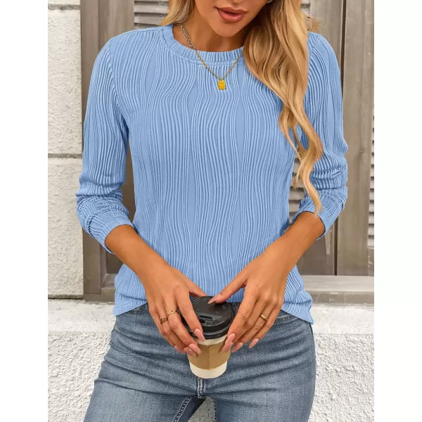PRETTYGARDEN Womens Basic Plain Tee Shirts Fall Long Sleeve Crewneck Textured Dressy Casual Blouse TopsBlue Grey