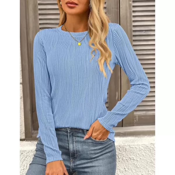 PRETTYGARDEN Womens Basic Plain Tee Shirts Fall Long Sleeve Crewneck Textured Dressy Casual Blouse TopsBlue Grey