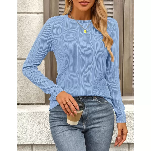 PRETTYGARDEN Womens Basic Plain Tee Shirts Fall Long Sleeve Crewneck Textured Dressy Casual Blouse TopsBlue Grey