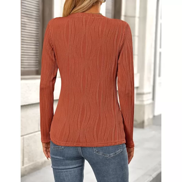 PRETTYGARDEN Womens Basic Plain Tee Shirts Fall Long Sleeve Crewneck Textured Dressy Casual Blouse TopsBrick Red
