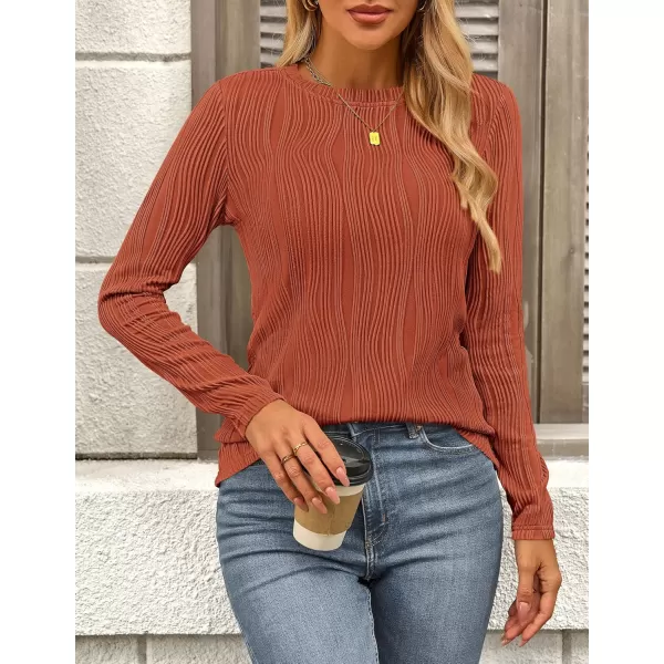 PRETTYGARDEN Womens Basic Plain Tee Shirts Fall Long Sleeve Crewneck Textured Dressy Casual Blouse TopsBrick Red
