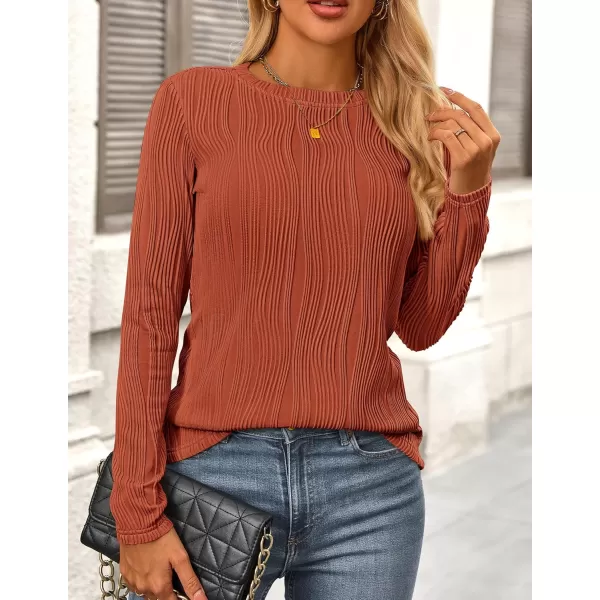 PRETTYGARDEN Womens Basic Plain Tee Shirts Fall Long Sleeve Crewneck Textured Dressy Casual Blouse TopsBrick Red