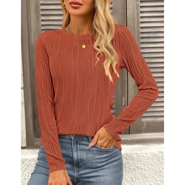 PRETTYGARDEN Womens Basic Plain Tee Shirts Fall Long Sleeve Crewneck Textured Dressy Casual Blouse TopsBrick Red