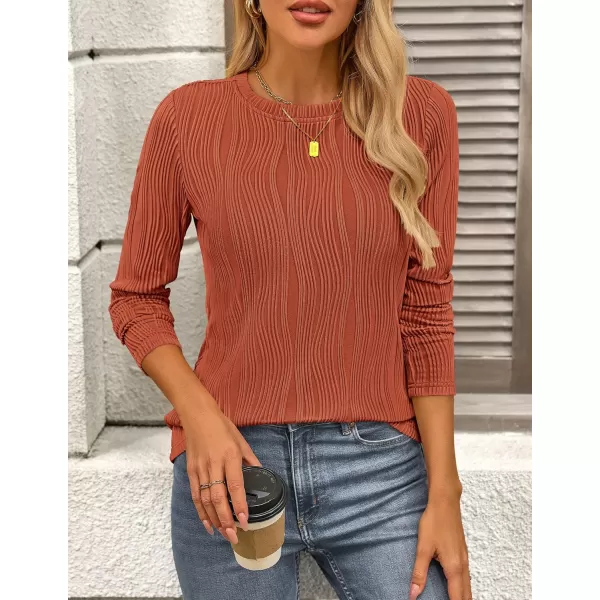 PRETTYGARDEN Womens Basic Plain Tee Shirts Fall Long Sleeve Crewneck Textured Dressy Casual Blouse TopsBrick Red