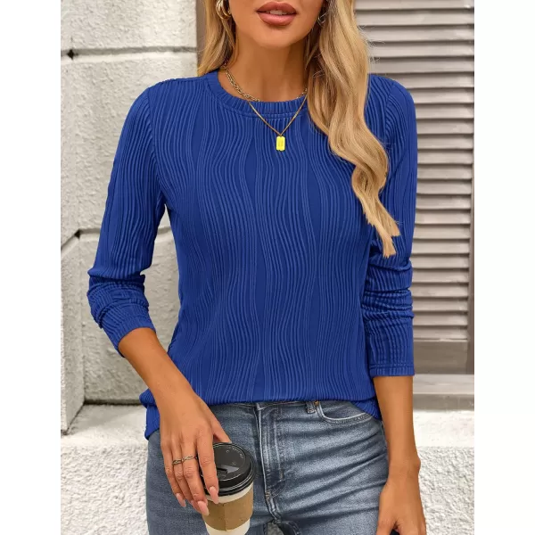 PRETTYGARDEN Womens Basic Plain Tee Shirts Fall Long Sleeve Crewneck Textured Dressy Casual Blouse TopsBrilliant Blue