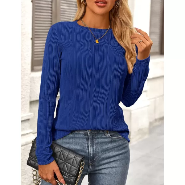 PRETTYGARDEN Womens Basic Plain Tee Shirts Fall Long Sleeve Crewneck Textured Dressy Casual Blouse TopsBrilliant Blue