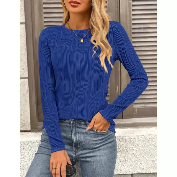 PRETTYGARDEN Womens Basic Plain Tee Shirts Fall Long Sleeve Crewneck Textured Dressy Casual Blouse TopsBrilliant Blue