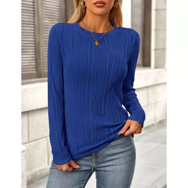 PRETTYGARDEN Womens Basic Plain Tee Shirts Fall Long Sleeve Crewneck Textured Dressy Casual Blouse TopsBrilliant Blue