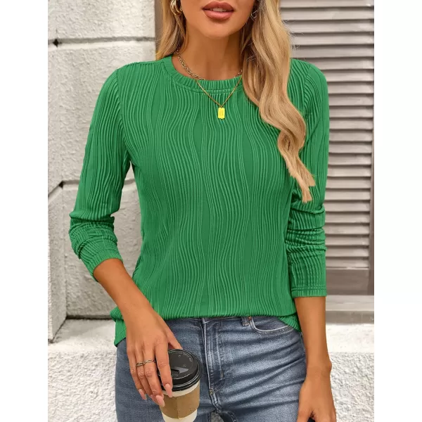 PRETTYGARDEN Womens Basic Plain Tee Shirts Fall Long Sleeve Crewneck Textured Dressy Casual Blouse TopsBrilliant Green