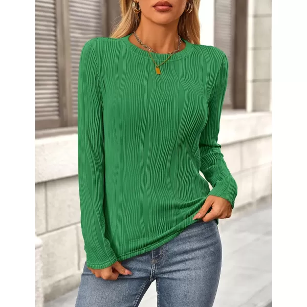 PRETTYGARDEN Womens Basic Plain Tee Shirts Fall Long Sleeve Crewneck Textured Dressy Casual Blouse TopsBrilliant Green