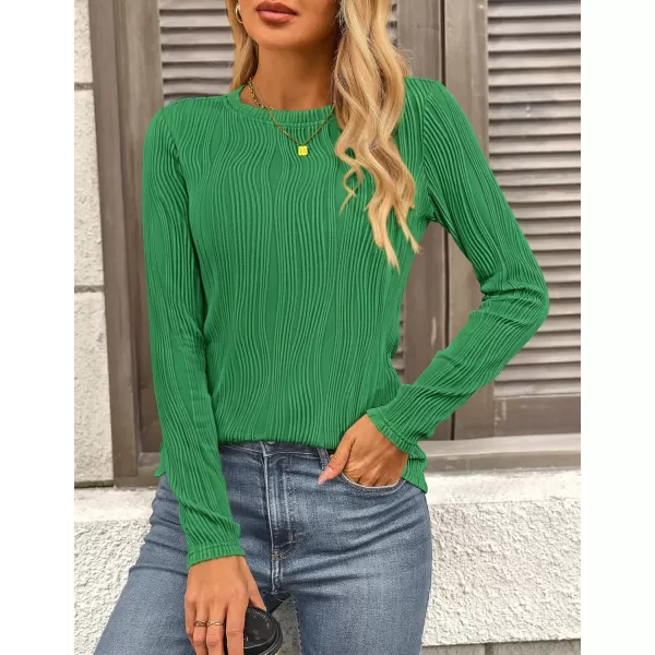 PRETTYGARDEN Womens Basic Plain Tee Shirts Fall Long Sleeve Crewneck Textured Dressy Casual Blouse TopsBrilliant Green
