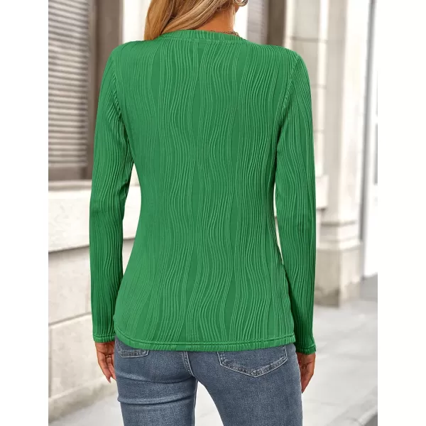 PRETTYGARDEN Womens Basic Plain Tee Shirts Fall Long Sleeve Crewneck Textured Dressy Casual Blouse TopsBrilliant Green