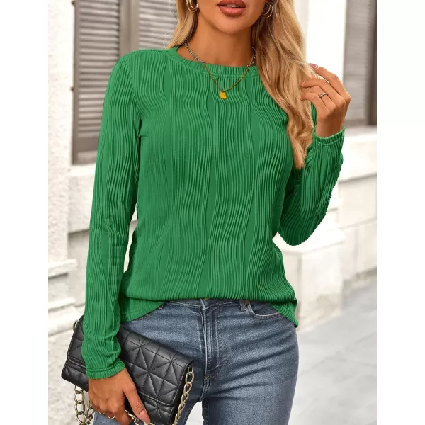 PRETTYGARDEN Womens Basic Plain Tee Shirts Fall Long Sleeve Crewneck Textured Dressy Casual Blouse TopsBrilliant Green
