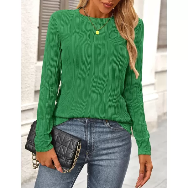 PRETTYGARDEN Womens Basic Plain Tee Shirts Fall Long Sleeve Crewneck Textured Dressy Casual Blouse TopsBrilliant Green