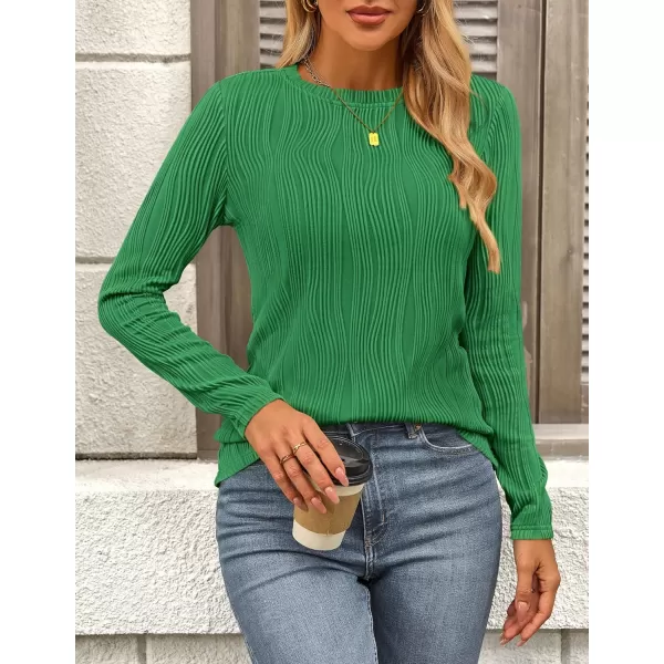 PRETTYGARDEN Womens Basic Plain Tee Shirts Fall Long Sleeve Crewneck Textured Dressy Casual Blouse TopsBrilliant Green