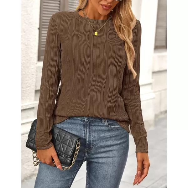 PRETTYGARDEN Womens Basic Plain Tee Shirts Fall Long Sleeve Crewneck Textured Dressy Casual Blouse TopsCoffee