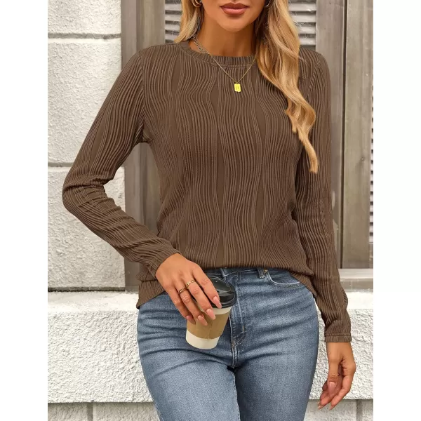 PRETTYGARDEN Womens Basic Plain Tee Shirts Fall Long Sleeve Crewneck Textured Dressy Casual Blouse TopsCoffee