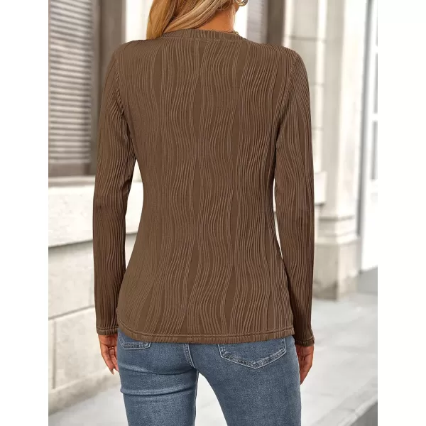 PRETTYGARDEN Womens Basic Plain Tee Shirts Fall Long Sleeve Crewneck Textured Dressy Casual Blouse TopsCoffee