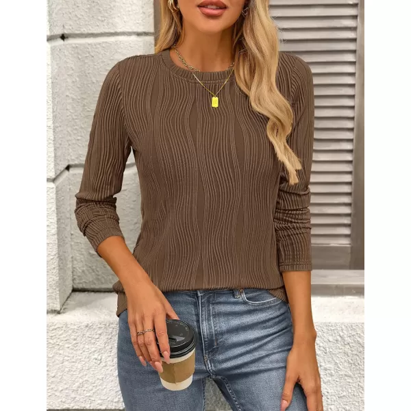 PRETTYGARDEN Womens Basic Plain Tee Shirts Fall Long Sleeve Crewneck Textured Dressy Casual Blouse TopsCoffee