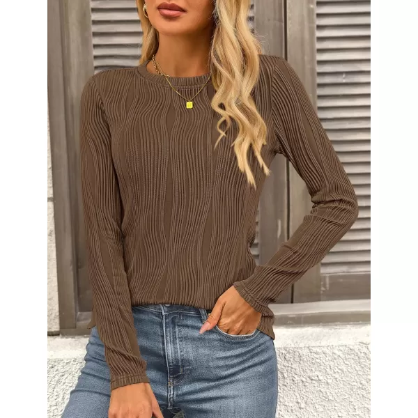 PRETTYGARDEN Womens Basic Plain Tee Shirts Fall Long Sleeve Crewneck Textured Dressy Casual Blouse TopsCoffee