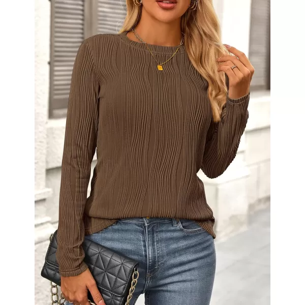 PRETTYGARDEN Womens Basic Plain Tee Shirts Fall Long Sleeve Crewneck Textured Dressy Casual Blouse TopsCoffee
