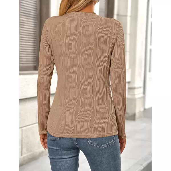 PRETTYGARDEN Womens Basic Plain Tee Shirts Fall Long Sleeve Crewneck Textured Dressy Casual Blouse TopsKhaki