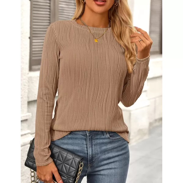 PRETTYGARDEN Womens Basic Plain Tee Shirts Fall Long Sleeve Crewneck Textured Dressy Casual Blouse TopsKhaki